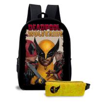 Kit Mochila e Estojo Escolar Infantil Unissex Menino e Menina Tema Deadpool e Wolverine