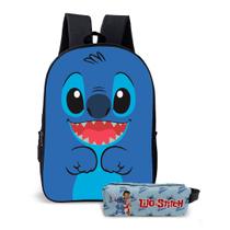 Kit Mochila E Estojo Escolar Meninos Meninas Tema Stitch Azul Alienígena Volta Às Aulas