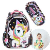 Kit Mochila e Estojo Escolar Unicornio Resistente Lançamento
