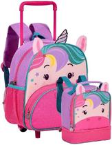 Kit Mochila e Lancheira Escolar Infantil de Rodinhas Menina Unicornio Bolsa Resistente