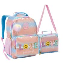 Kit Mochila e Lancheira Escolar Juvenil Patches Feminina