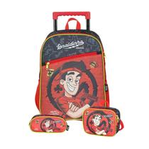 Kit Mochila Enaldinho Rodas Lancheira Estojo Duplo Vermelho