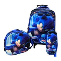 Kit Mochila Escola Lancheira Estojo Sonic Rodinhas 3D Relevo