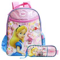 Kit Mochila Escolar Alice No País Das Maravilhas Com Estojo Dois Compartimentos Infantil Disney