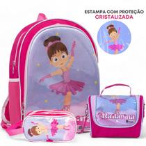 Kit Mochila Escolar Bailarina Juvenil Infantil Feminino + Lancheira Transversal + Estojo Duplo Menina Cristal - Pikuka