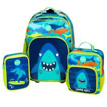 kit mochila escolar c/ rodinha + lancheira + estojo tubarão tiptop