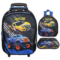 Kit Mochila Escolar Carro Fastcar, Com Rodinhas, Lancheira e Estojo Kit Mochila Escolar Carro Fastcar, Com Rodinhas, Lancheira e Estojo