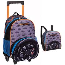 Kit Mochila Escolar Carro Turbo 3D Rodinha Tam G Lancheira