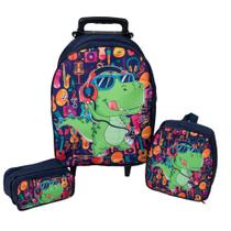 Kit Mochila Escolar com Carrinho Lancheira Estojo Dinossauro Marinho Kit Mochila Escolar com Carrinho Lancheira Estojo Dinossauro Marinho