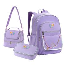 Kit Mochila Escolar com Estojo Box e Lancheira Lilás Aula Colorido Corrente Lanche Aluno Fofo