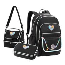 Kit Mochila Escolar com Estojo Box e Lancheira Preto Aula Lápis Caneta Lanche Bolsos Aluno Fofo