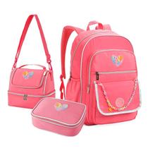 Kit Mochila Escolar com Estojo Box e Lancheira Rosa Aula Colorido Lápis Caneta Lanche Aluno Fofo Kit Mochila Escolar com Estojo Box e Lancheira Rosa Aula Colorido Lápis Caneta Lanche Aluno Fofo