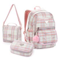 Kit Mochila Escolar com Estojo Box e Lancheira Térmica Listrado Rosa Colorido Divisórias Material Kit Mochila Escolar com Estojo Box e Lancheira Térmica Listrado Rosa Colorido Divisórias Material