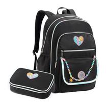 Kit Mochila Escolar com Estojo Box Preto Bolso Lateral Aula Alça Corrente Colorido Lápis Caneta Kit Mochila Escolar com Estojo Box Preto Bolso Lateral Aula Alça Corrente Colorido Lápis Caneta