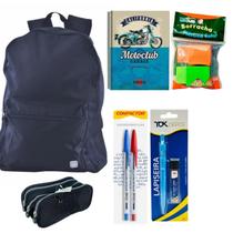 Kit Mochila Escolar Com Estojo Canetas Lápiseira Borracha Caderno Capa Dura