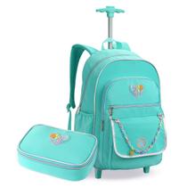 Kit Mochila Escolar com Rodas Azul com Estojo Box Divisórias Colorido Lápis Caneta Grande Bolso