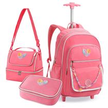 Kit Mochila Escolar com Rodas e Estojo Box Lancheira Rosa Material Lápis Caneta Lanche Colorido