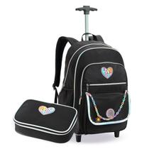 Kit Mochila Escolar com Rodas Preto com Estojo Box Divisórias Colorido Lápis Caneta Aluno Bolsos