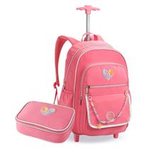 Kit Mochila Escolar com Rodas Rosa com Estojo Box Divisórias Bolso Lateral Frontal Colorido Fofo