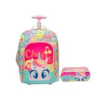 Kit Mochila Escolar Com Rodinha e Estojo Triplo Unicórnio Cherry Puket