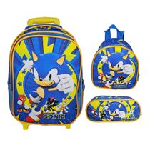 Kit Mochila Escolar Com Rodinha Estojo Lancheira Sonic
