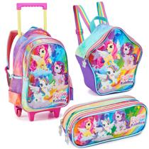 Kit Mochila Escolar com Rodinhas Crianca, Lancheira e Estojo, Tema Unicornio, Meninas