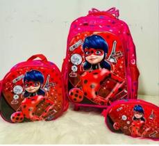 Kit Mochila Escolar Com Rodinhas Infantil Menina Miraculus 3D