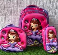 Kit Mochila Escolar Com Rodinhas Infantil Menina Sófia Disney Alto Relevo