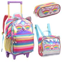 Kit Mochila Escolar Com Rodinhas Lancheira e Estojo Menina Gatinha Denlex