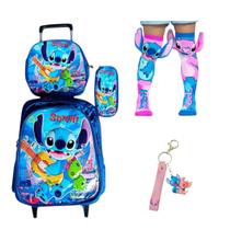 Kit mochila escolar com rodinhas lancheira e estojo novidade resistente meia infantil e 1 chaveiro de mimo