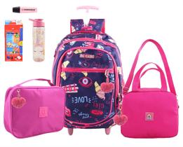 Kit Mochila Escolar com Rodinhas Reforçada para Menina com Estojo e Lancheira Garrafinha - F&G Classic