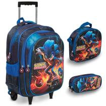 Kit Mochila Escolar Com Rodinhas Sonic Estampa 3D Azul