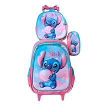 Kit Mochila Escolar com Rodinhas Stitch Infantil em 3D + Lancheira Térmica + Estojo Escolar