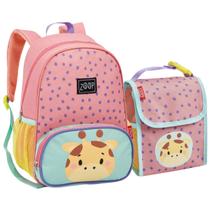 Kit Mochila Escolar Creche Passeio Infantil Pequena E Lancheira Termica Menina Girafa Rosa