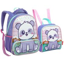 Kit Mochila Escolar Creche Pré-escola E Lancheira Térmica Menina Panda Lilás