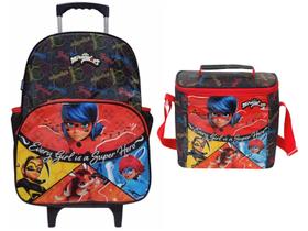 Kit Mochila Escolar de Carrinho Infantil + Lancheira Dermiwil Miraculous Ladybug Cor:Preto