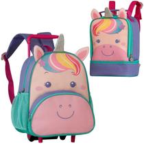 Kit Mochila Escolar de Rodinhas com alça Infantil Meninas Meninos + Lancheira Bolsa Termica Tema de Bichinhos Pets Zoo