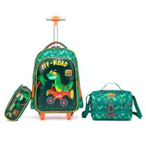 Kit Mochila Escolar De Rodinhas Dinossauro Masculina Estampada Infantil Com Lancheira Térmica Estojo Organizador