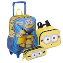 Kit Mochila Escolar de Rodinhas Grande, Lancheira e Estojo Minions Masculina e Feminina Sestini