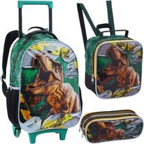 Kit Mochila Escolar de Rodinhas Lancheira Estojo Dinossauro T Rex Dinosaurs World Seanite