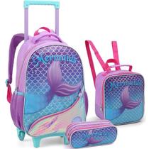Kit Mochila Escolar de Rodinhas Lancheira Estojo Feminina Mermaids Princesa Sereia Roxa Seanite Kit Mochila Escolar de Rodinhas Lancheira Estojo Feminina Mermaids Princesa Sereia Roxa Seanite