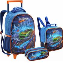 Kit Mochila Escolar de Rodinhas Lancheira Estojo Racing Team Equipe de Corrida Carro Azul Menino KT41408 Seanite