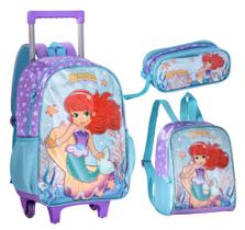 Kit Mochila Escolar de Rodinhas Lancheira Térmica e Estojo Sereia Menina clio