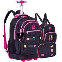 Kit Mochila Escolar de Rodinhas Rebecca Bonbon Lancheira e Estojo RB24543 Preto