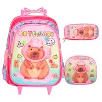 Kit Mochila Escolar Feminina Capivara Rodinha Juvenil 3 Pçs