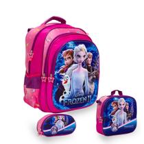 Kit Mochila Escolar Feminina Costas Frozen Reforçada Tam G