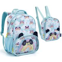 Kit Mochila Escolar Feminina Infantil Panda e Gatinho Com Detalhes em 3D + Lancheira Térmica Menina