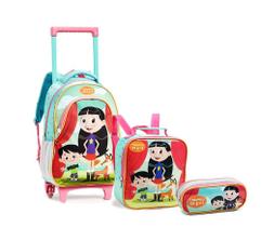 Kit Mochila Escolar Feminina Infantil Rodinha com Estojo e Lancheira o Mundo de Luli