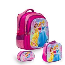 Kit Mochila Escolar Feminina Princesas Desenho Costas Tam G