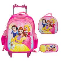 Kit Mochila Escolar Feminina Princesas Rodinha Tam G Rosa